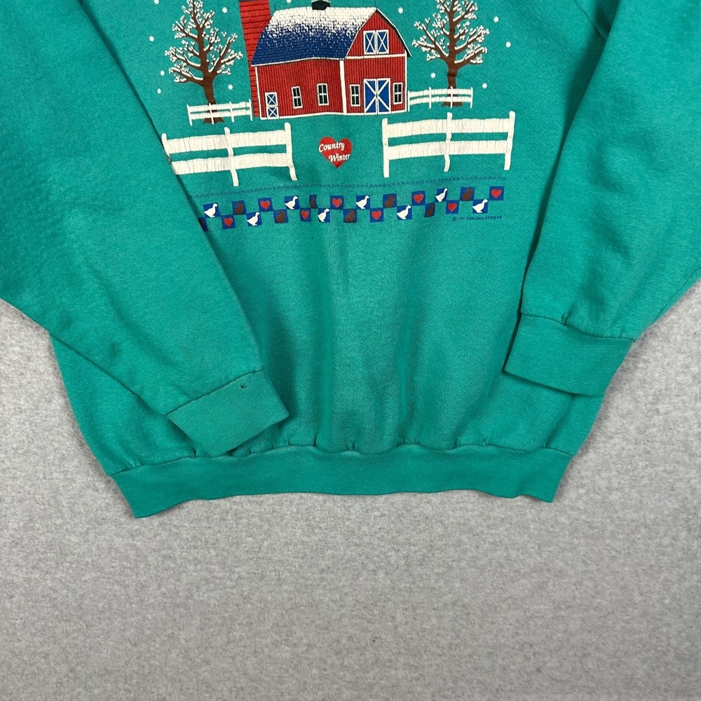 Vintage Fruit of the Loom Country Winter Mock Neck Sweatshirt‎ Teal XL Barn Farm - Picture 9 of 12
